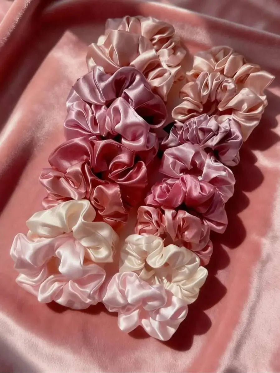 Satin Hair Ties in Pink and Brown, 16-Piece Set