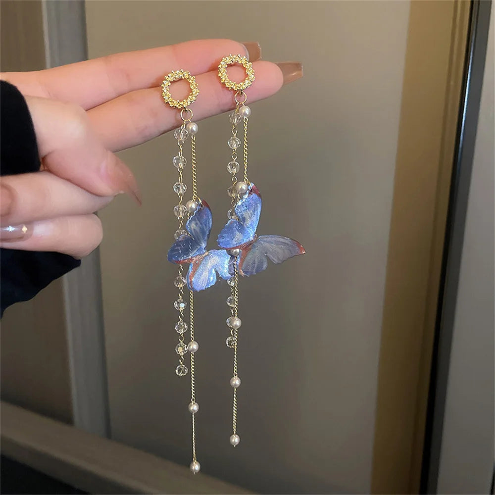 Pearl and Zircon Butterfly Tassel Earrings