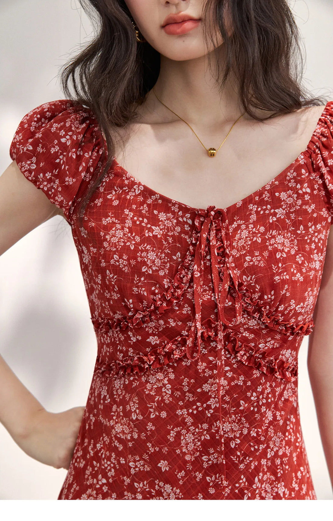 Red Floral Chiffon Square Neck Midi Dress