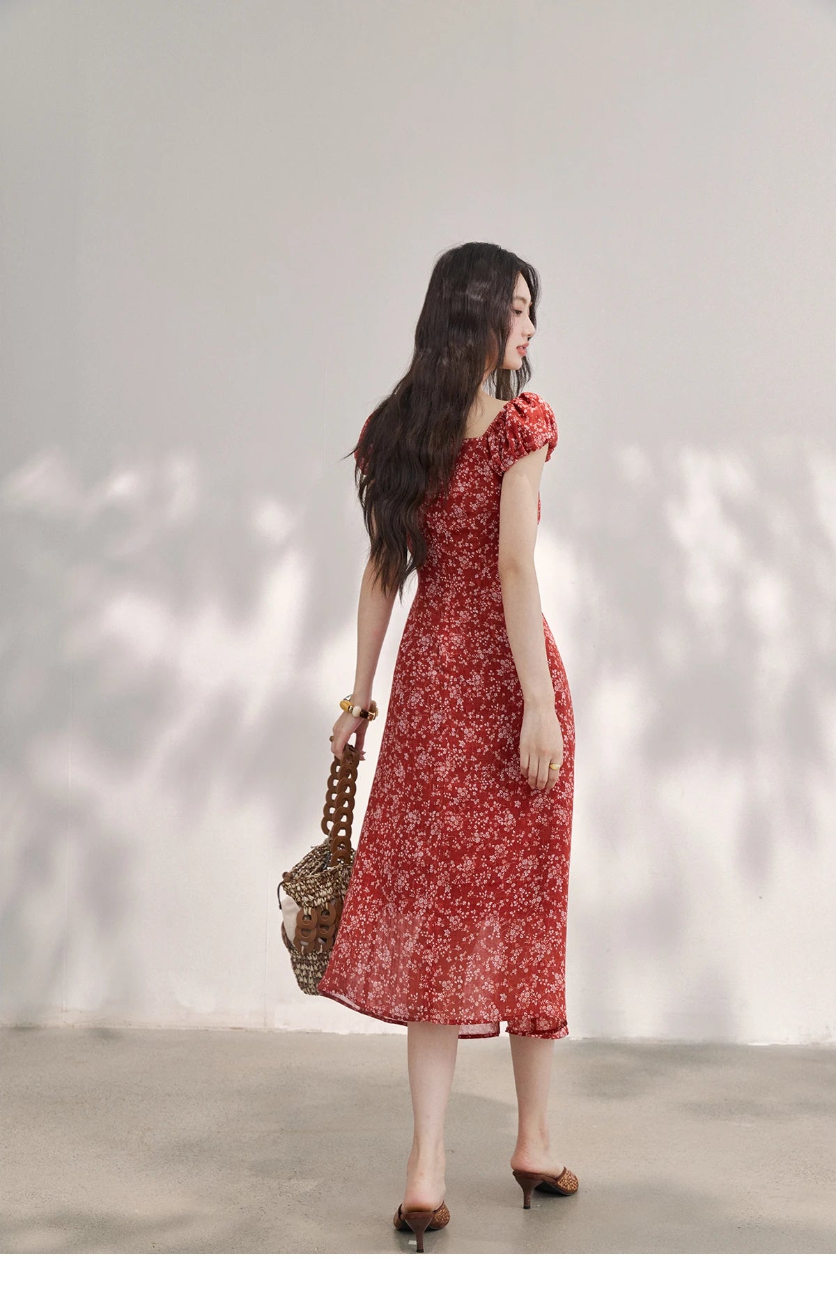 Red Floral Chiffon Square Neck Midi Dress