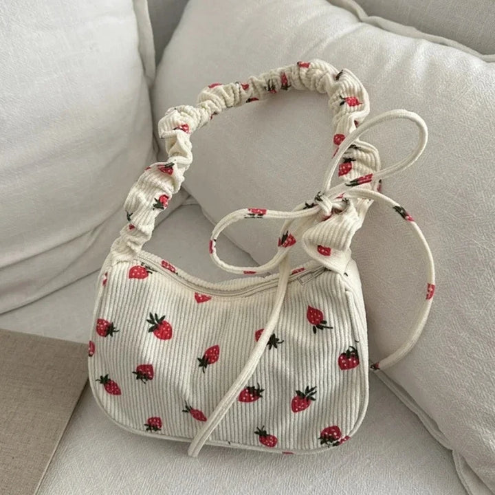 Strawberry Corduroy Half Moon Shoulder Bag
