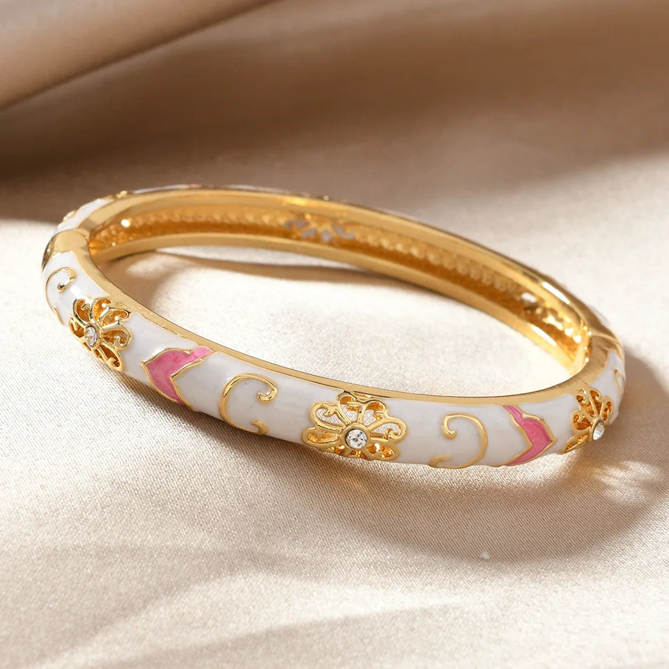 Enamel Flower Zircon Cuff Bangle