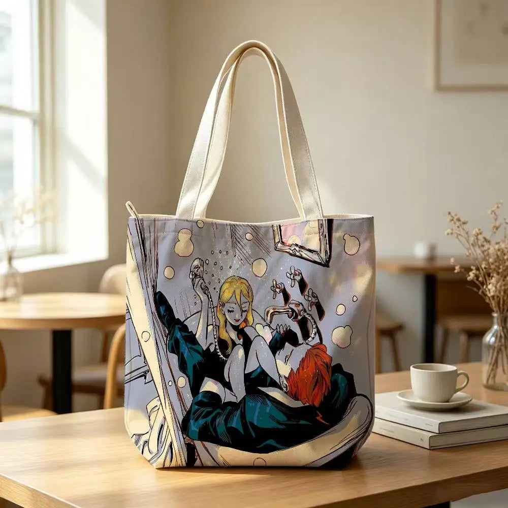 Printed Canvas Zip Shoulder Tote Bag