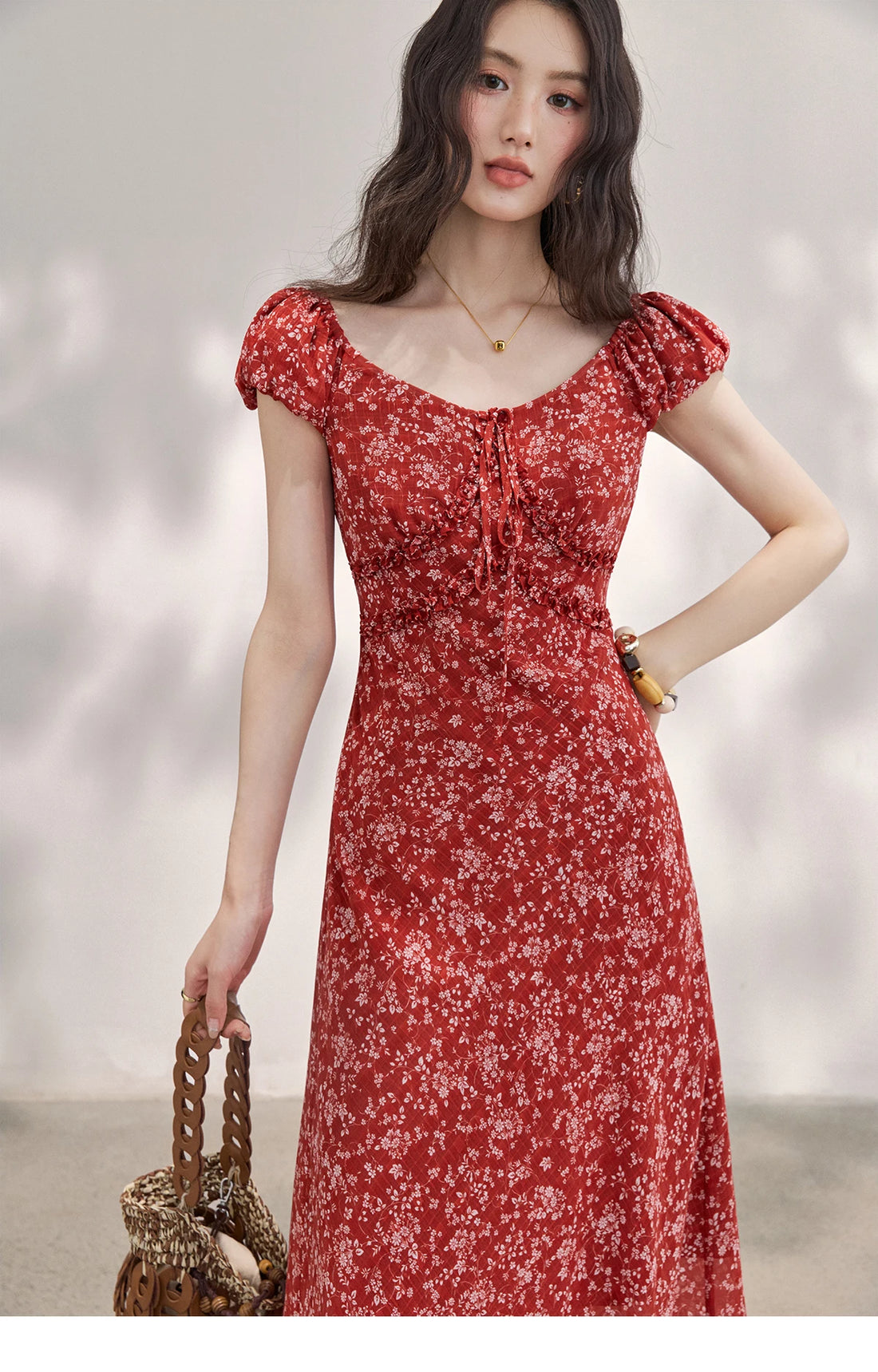 Red Floral Chiffon Square Neck Midi Dress