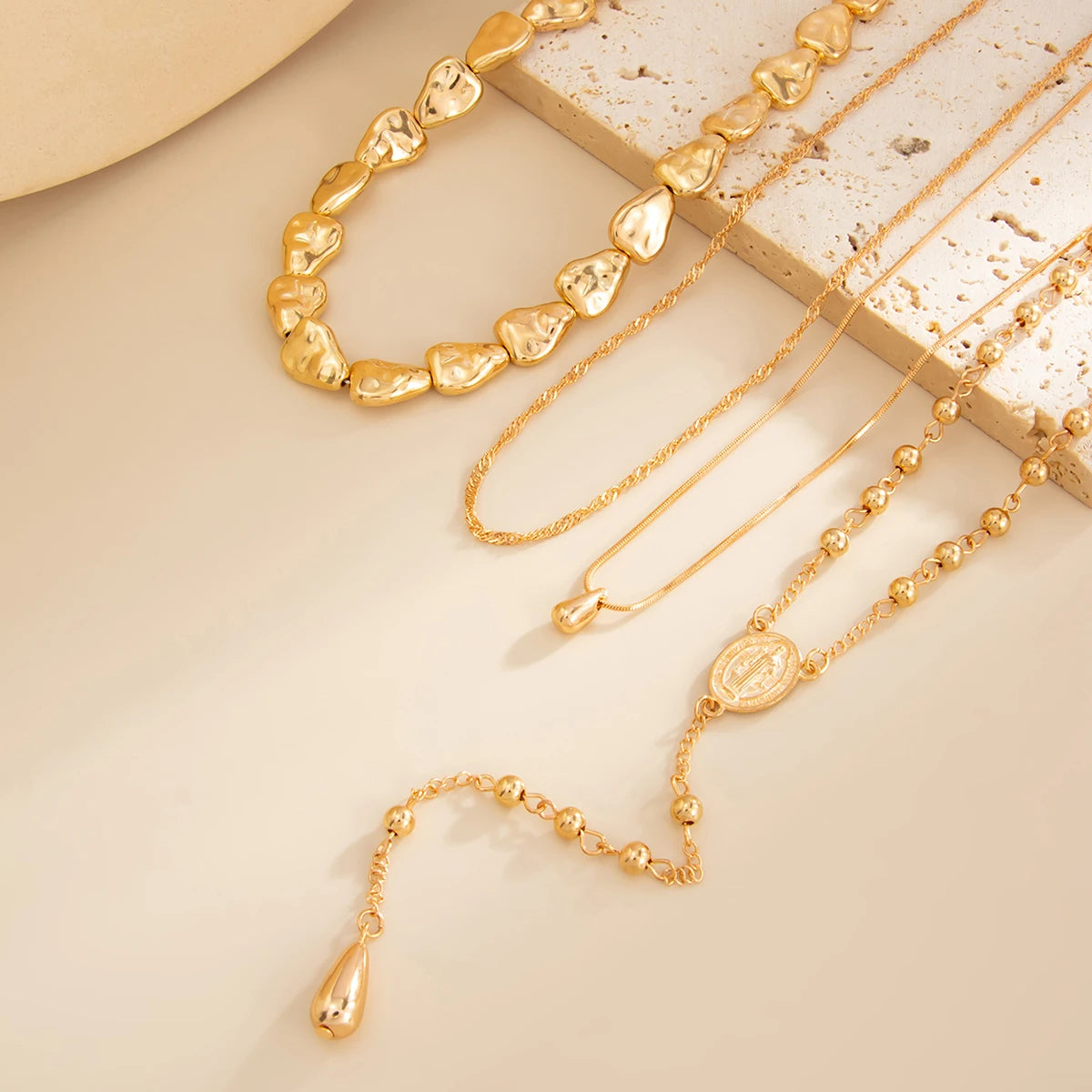 Gold Water Droplet Y Chain Necklace Set of 4