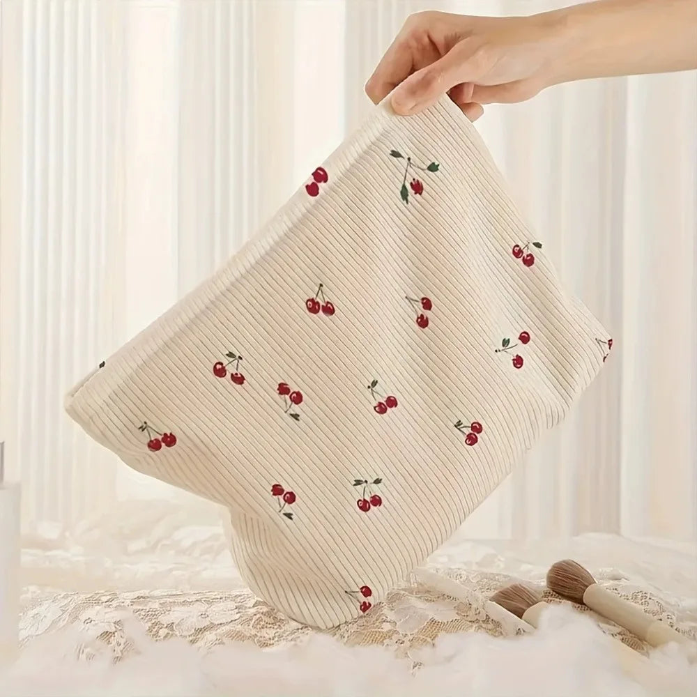 Cherry Print Corduroy Makeup Pouch