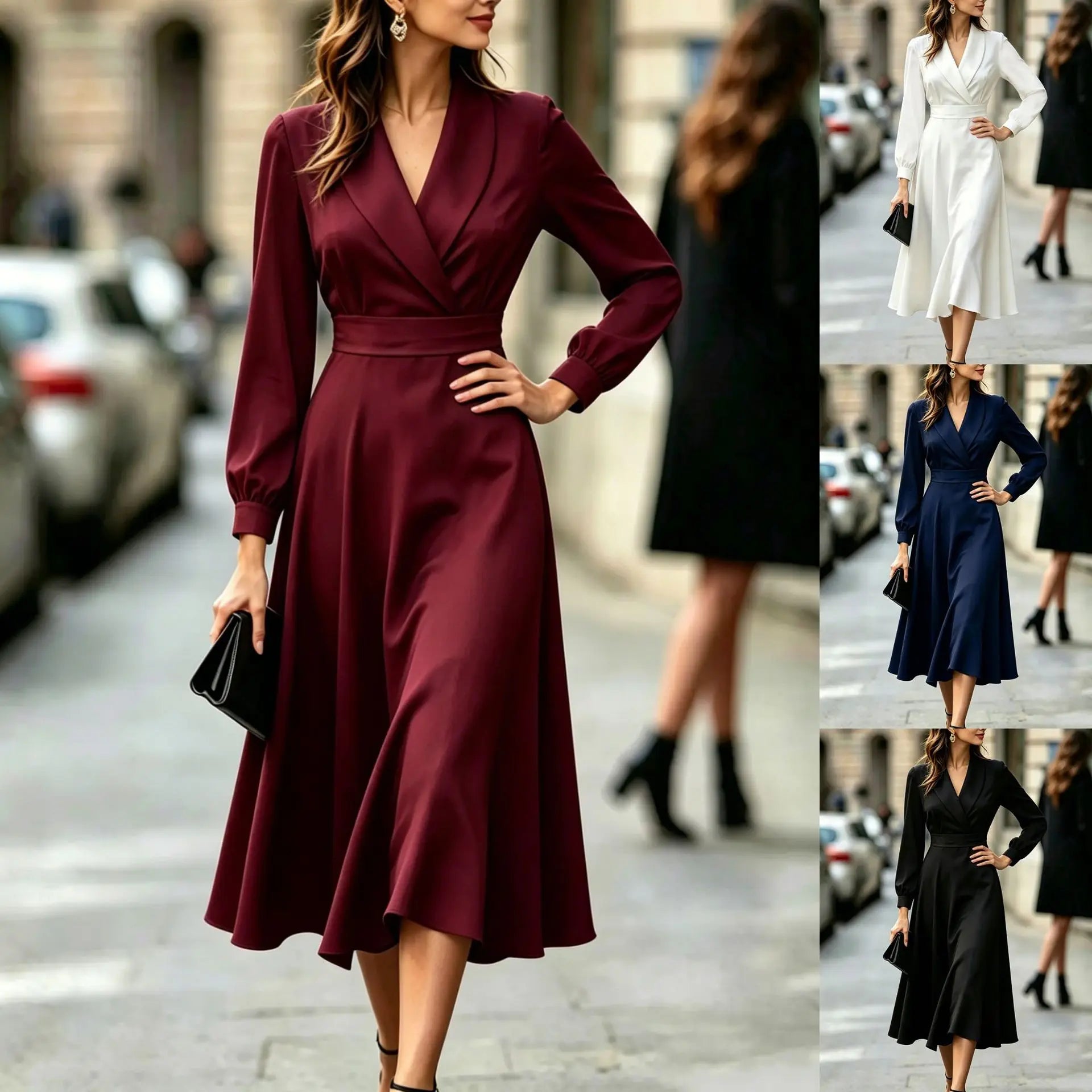 Notched Neck Wrap Waist A Line Midi Dress