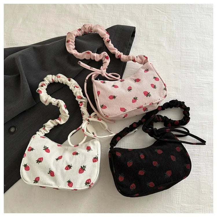 Strawberry Corduroy Half Moon Shoulder Bag
