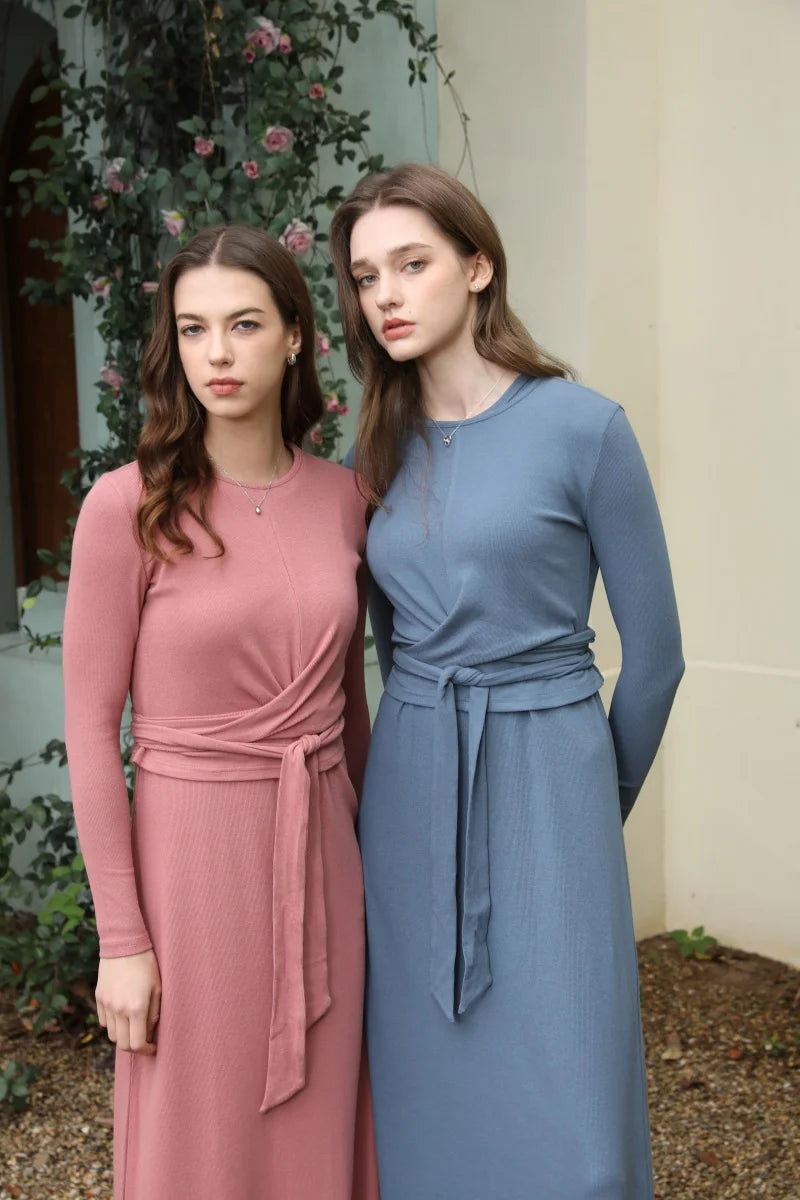 Ribbed Wrap Top and A Line Dress Set
