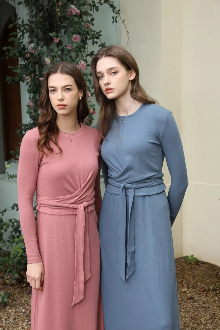 Ribbed Wrap Top and A Line Dress Set