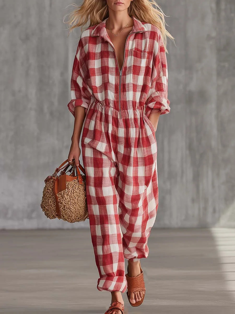 Women Plaid Jumpsuit Lapel Collar Zip Elastic Waist Loose Long Jumpsuits Ladies Casual Checkered Holiday Overalls With Pockets