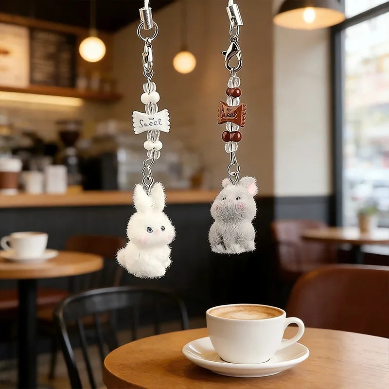 Flocked Rabbit Beaded Bag Charm Keyring