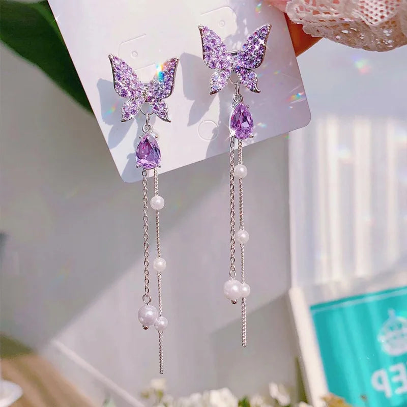 Pearl and Zircon Butterfly Tassel Earrings
