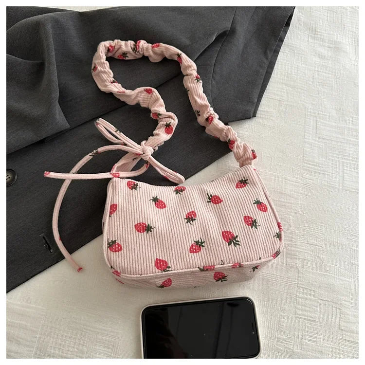 Strawberry Corduroy Half Moon Shoulder Bag