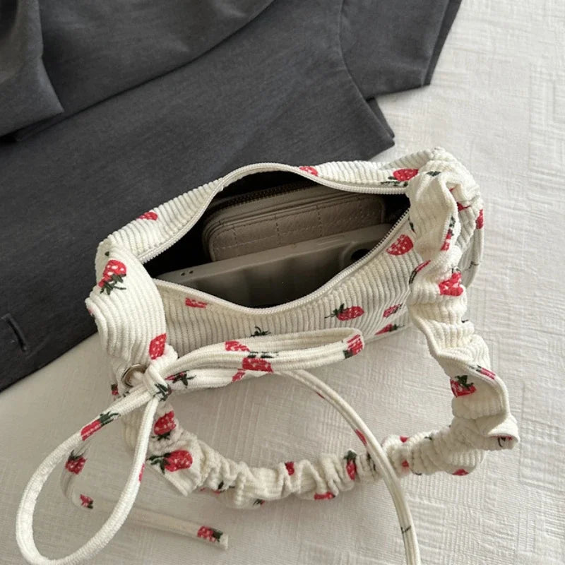 Strawberry Corduroy Half Moon Shoulder Bag