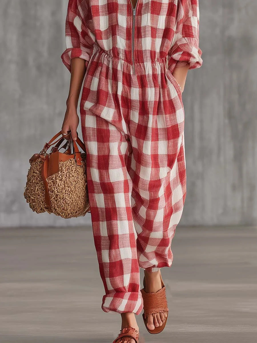 Women Plaid Jumpsuit Lapel Collar Zip Elastic Waist Loose Long Jumpsuits Ladies Casual Checkered Holiday Overalls With Pockets