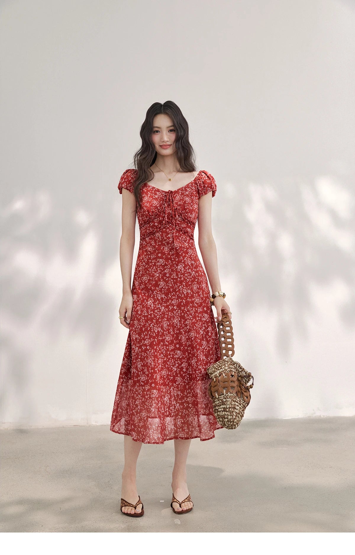 Red Floral Chiffon Square Neck Midi Dress