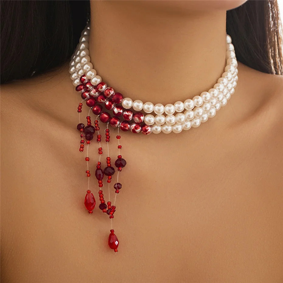 Gothic Pearl and Crystal Tassel Necklace