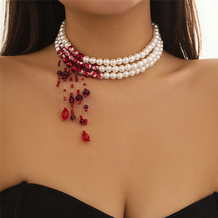 Gothic Pearl and Crystal Tassel Necklace