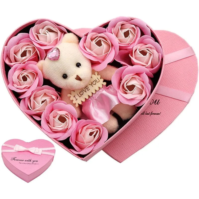 Artificial Rose and Teddy Bear Gift Box