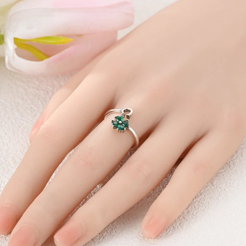 Sterling Silver Clover and Hummingbird Open Ring