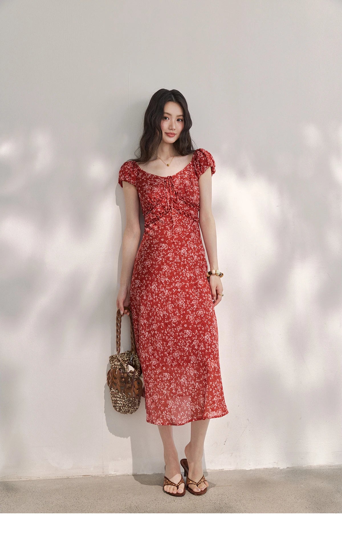 Red Floral Chiffon Square Neck Midi Dress