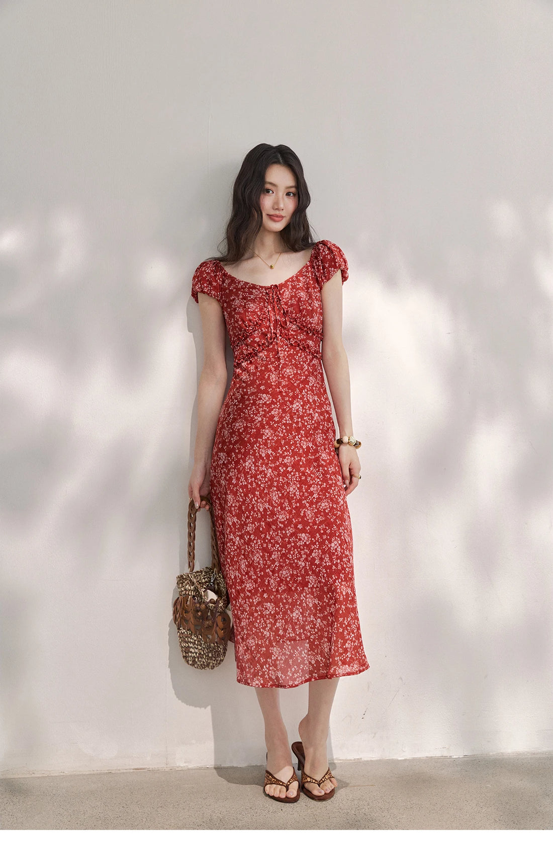 Red Floral Chiffon Square Neck Midi Dress