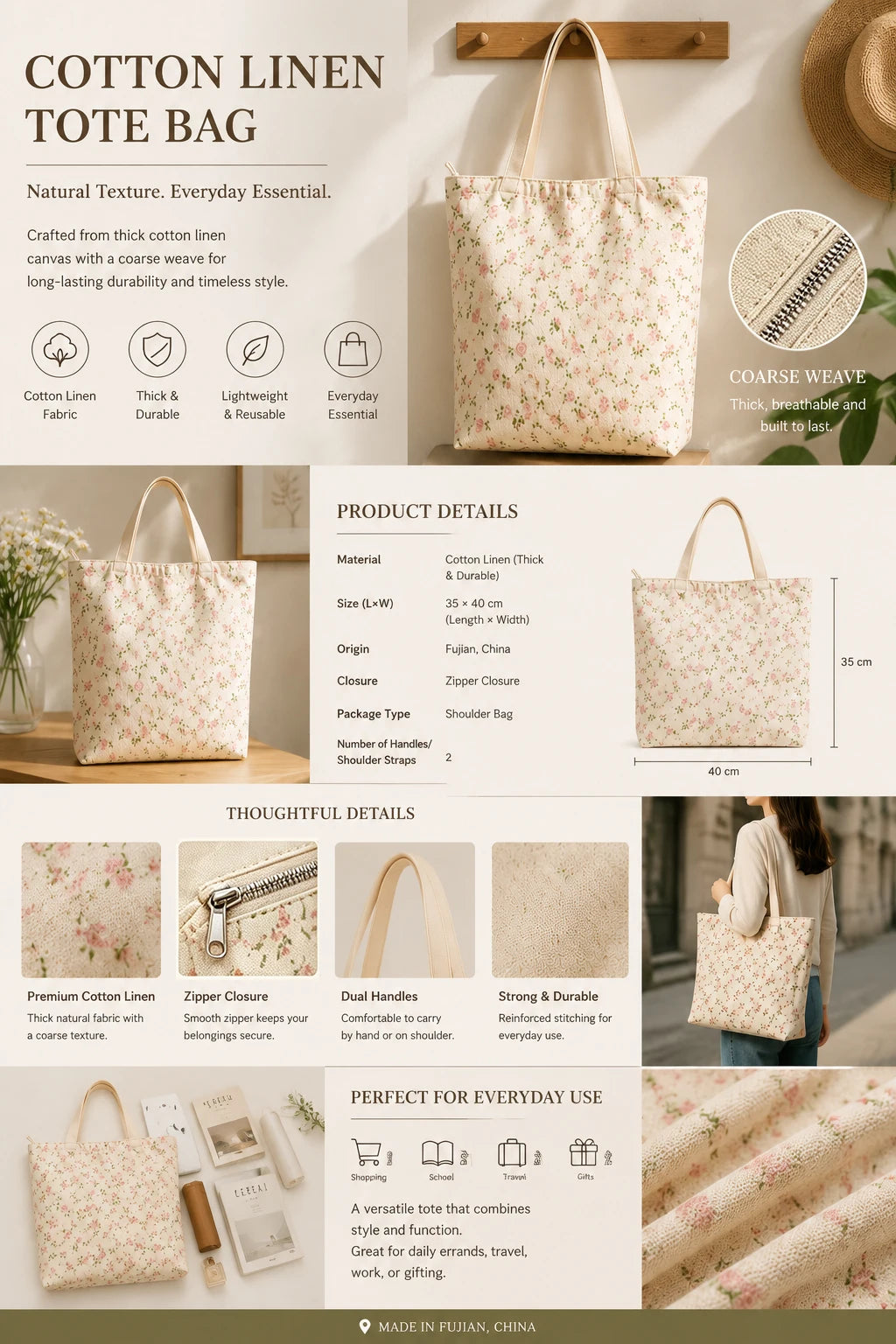 Printed Canvas Zip Shoulder Tote Bag