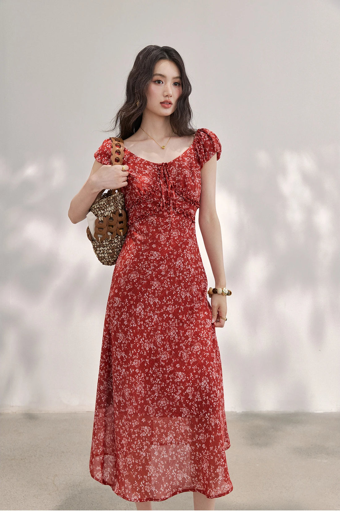 Red Floral Chiffon Square Neck Midi Dress
