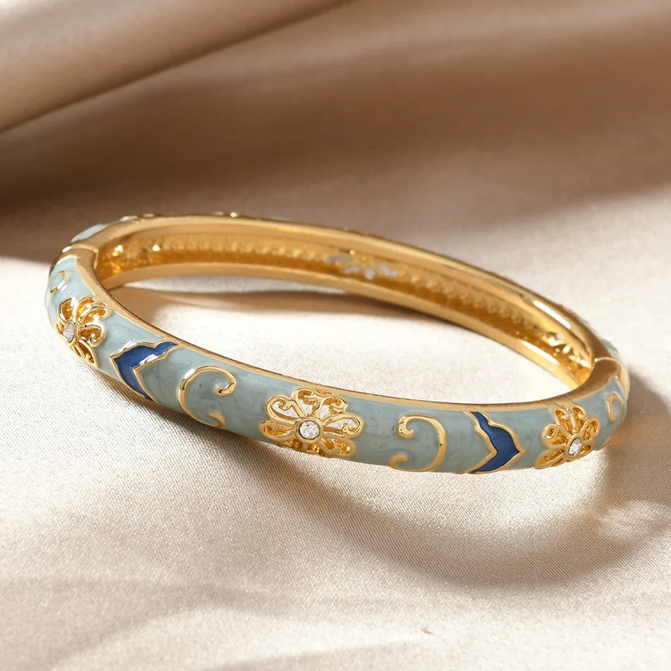 Enamel Flower Zircon Cuff Bangle
