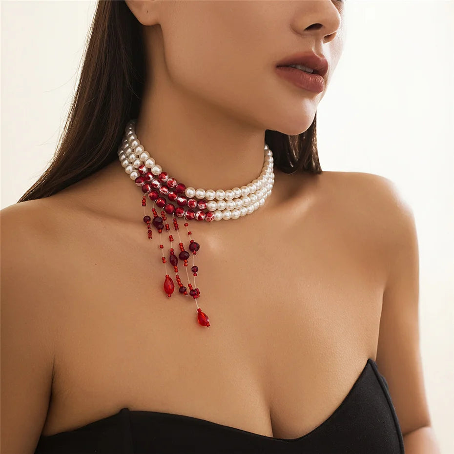 Gothic Pearl and Crystal Tassel Necklace
