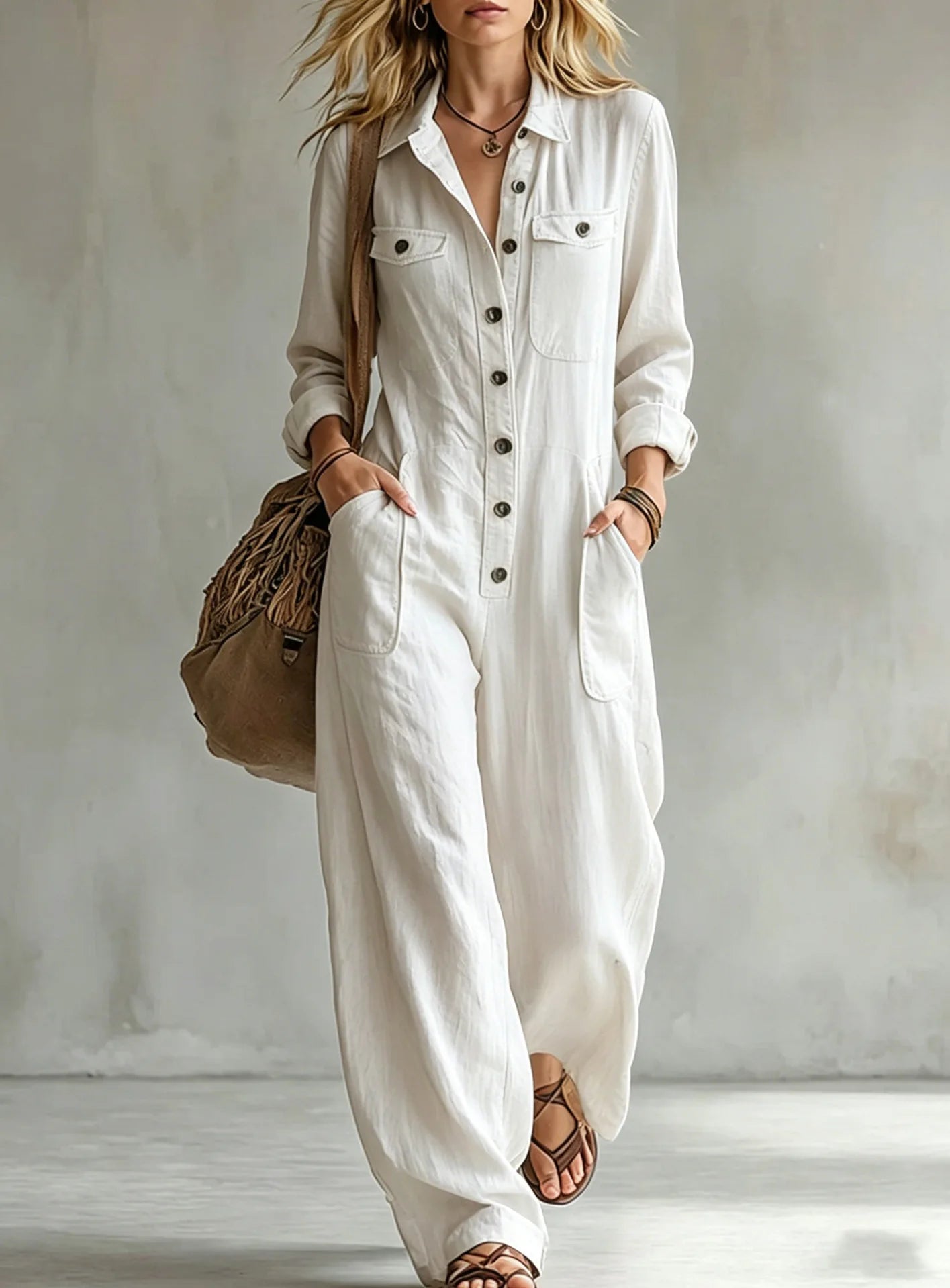 Lapel Collar Wide Leg Jumpsuit with Pockets