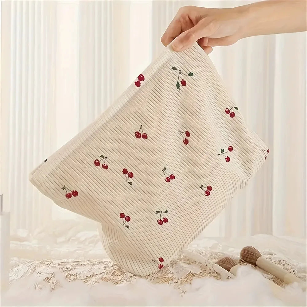 Cherry Print Corduroy Makeup Pouch