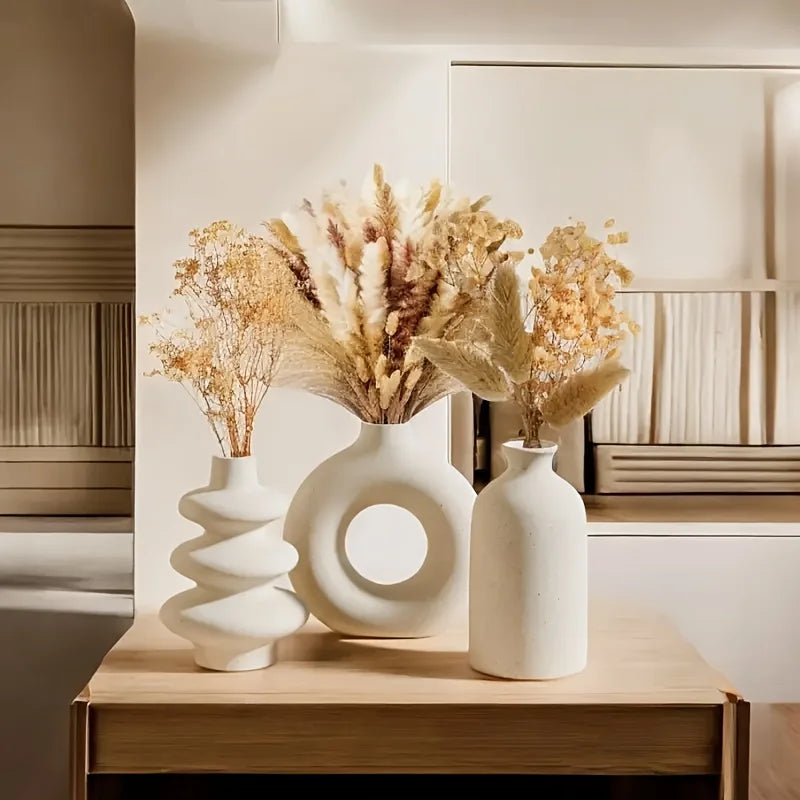 White Ceramic Bohemian Vase Set of 3