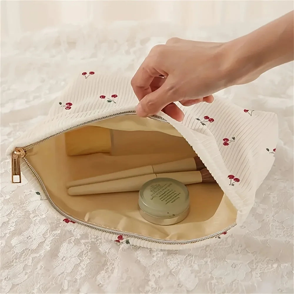 Cherry Print Corduroy Makeup Pouch