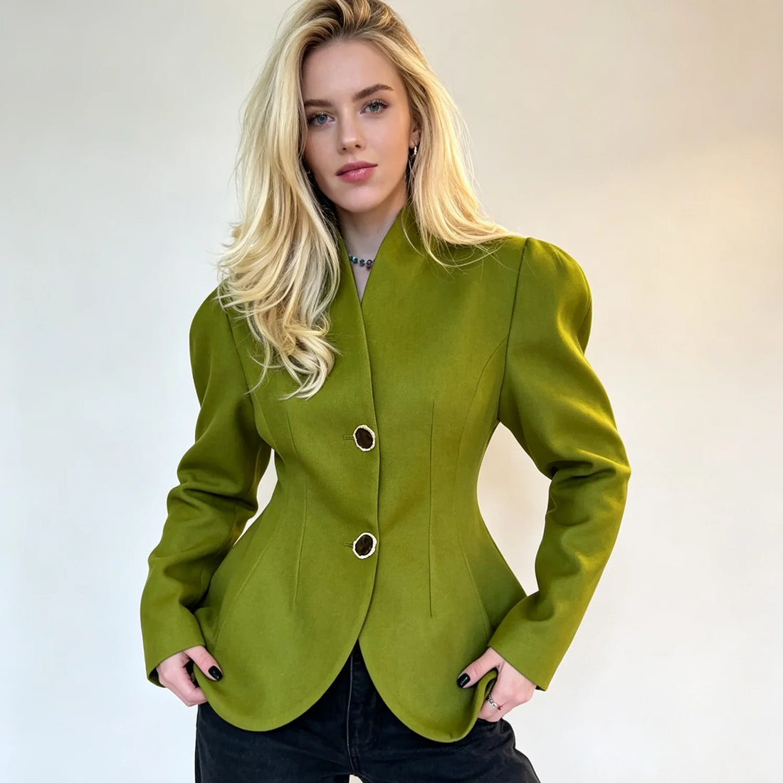 Puff Sleeve Peplum Hem Fitted Blazer