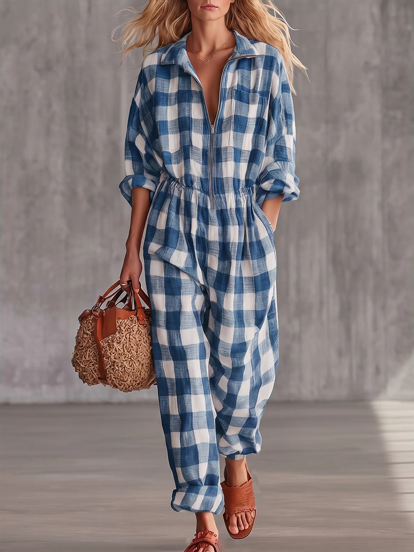 Women Plaid Jumpsuit Lapel Collar Zip Elastic Waist Loose Long Jumpsuits Ladies Casual Checkered Holiday Overalls With Pockets