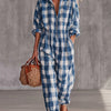 Women Plaid Jumpsuit Lapel Collar Zip Elastic Waist Loose Long Jumpsuits Ladies Casual Checkered Holiday Overalls With Pockets
