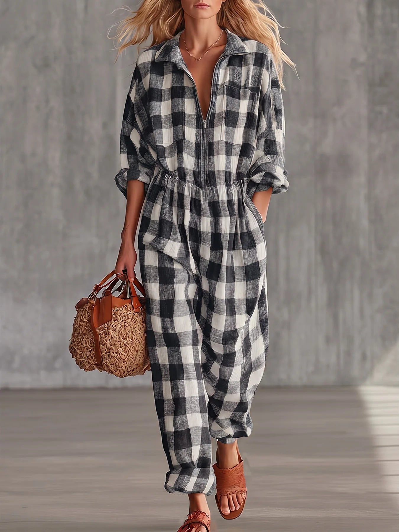 Women Plaid Jumpsuit Lapel Collar Zip Elastic Waist Loose Long Jumpsuits Ladies Casual Checkered Holiday Overalls With Pockets