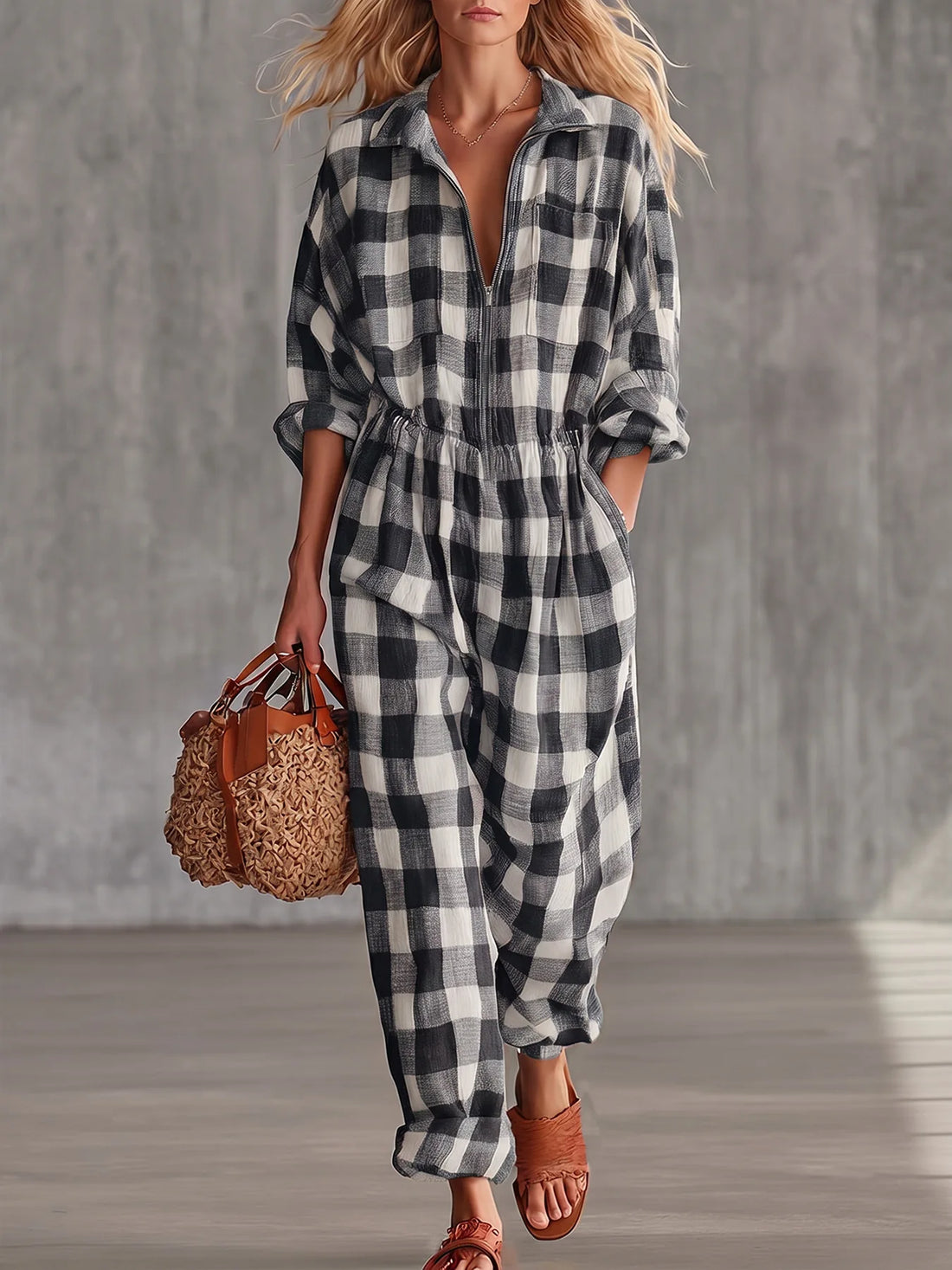 Women Plaid Jumpsuit Lapel Collar Zip Elastic Waist Loose Long Jumpsuits Ladies Casual Checkered Holiday Overalls With Pockets
